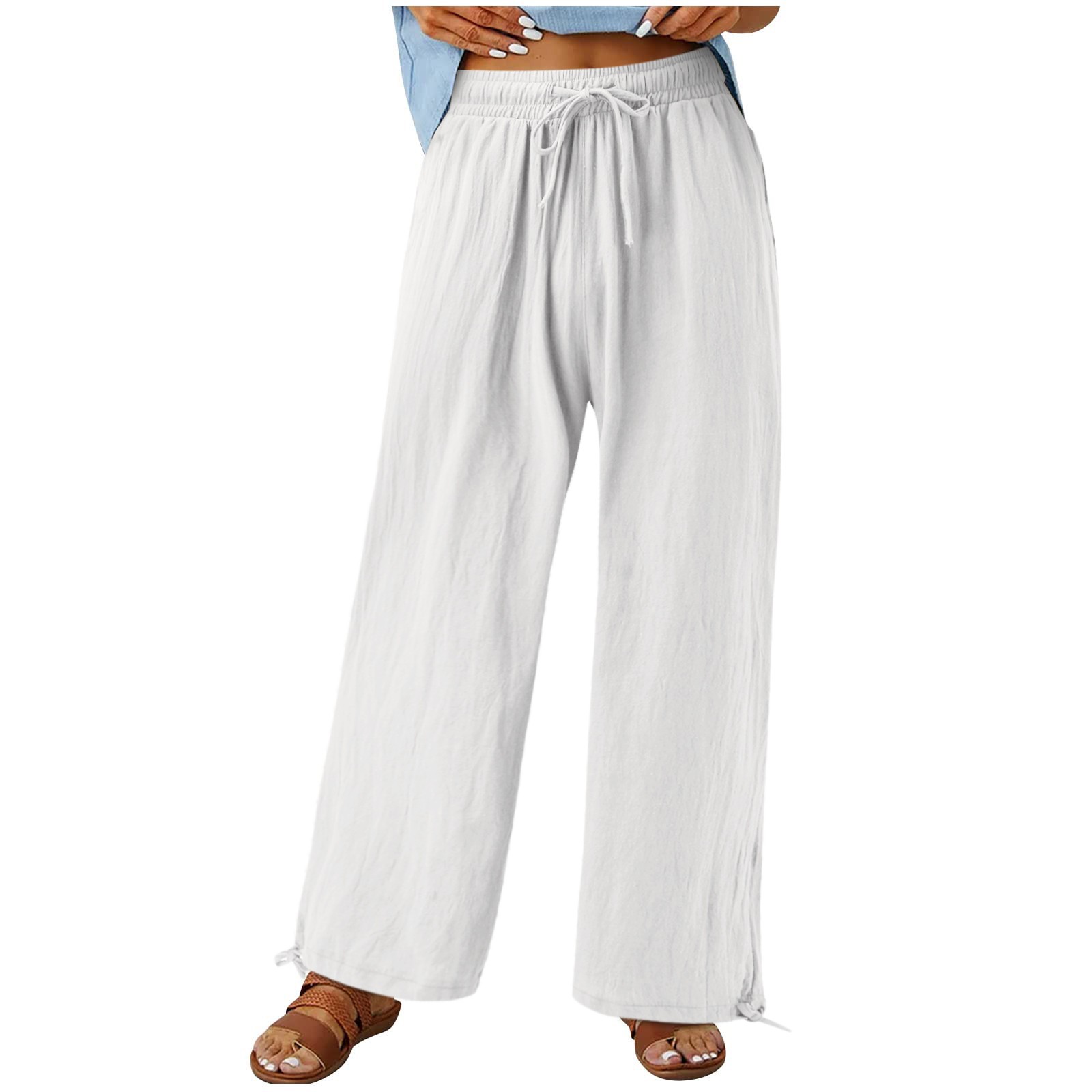 thumbnail image 2 of Pantalones holgados de algodón para mujer: pantalones de cintura alta con cordón, 90 % algodón/10 % poliéster, trabajo/ocio, todas las estaciones, 2 of 8
